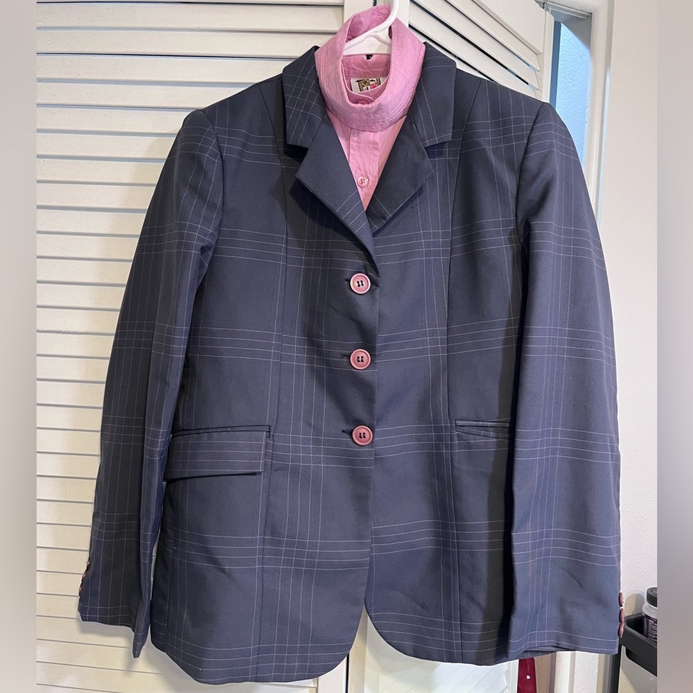 Tuffrider Childs English Riding Coat, Slate W/ Purple Plaid. Size C16.